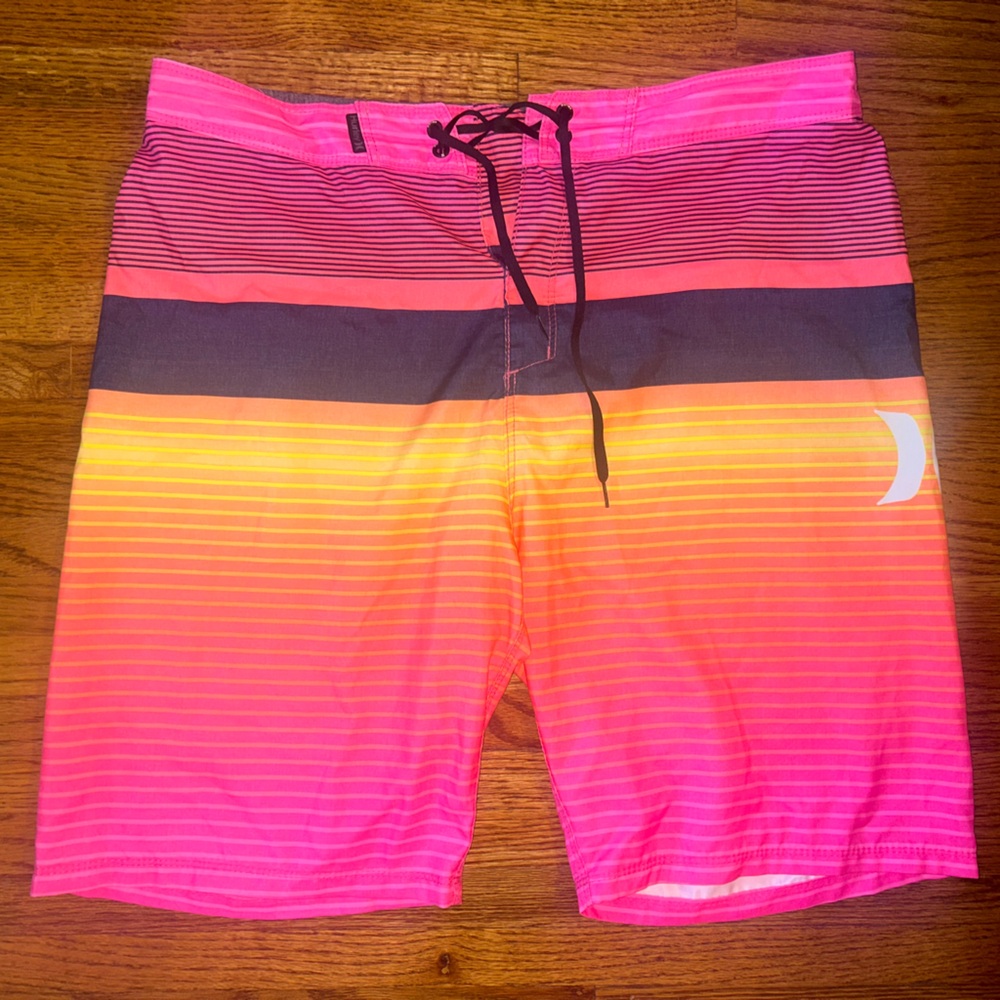 Hurley Pink and Black Striped Swim Board Shorts
